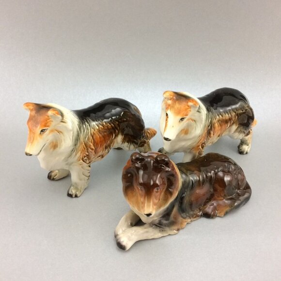 3 Vintage Collie Dog Figurines Made in Japan Glossy Ceramic Standing Laying Down - Picture 1 of 16